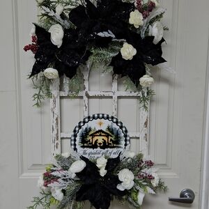 Festive Black and White Holiday Wreath with Roses